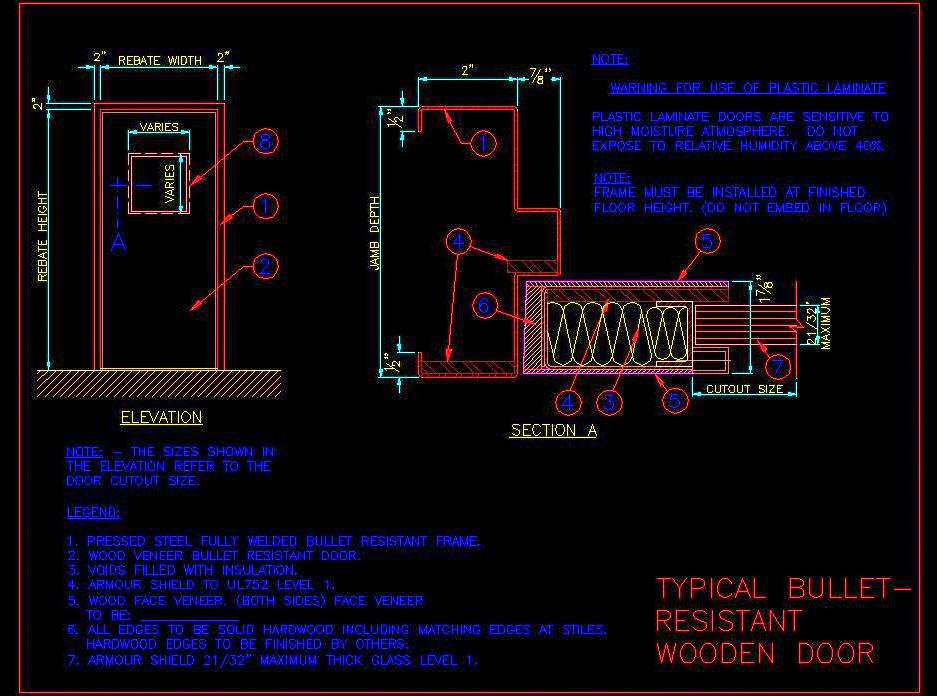 Bullet Resistant Wooden Door CAD- Steel Frame & Details